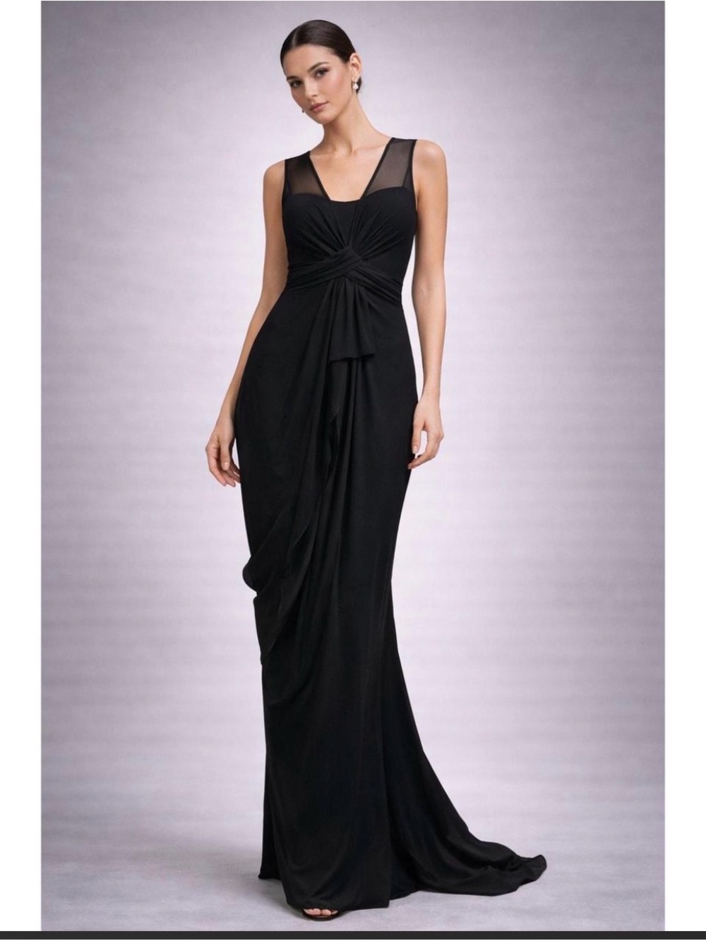White by Vera Wang Black Mesh-Shoulder Draped Maxi Gown